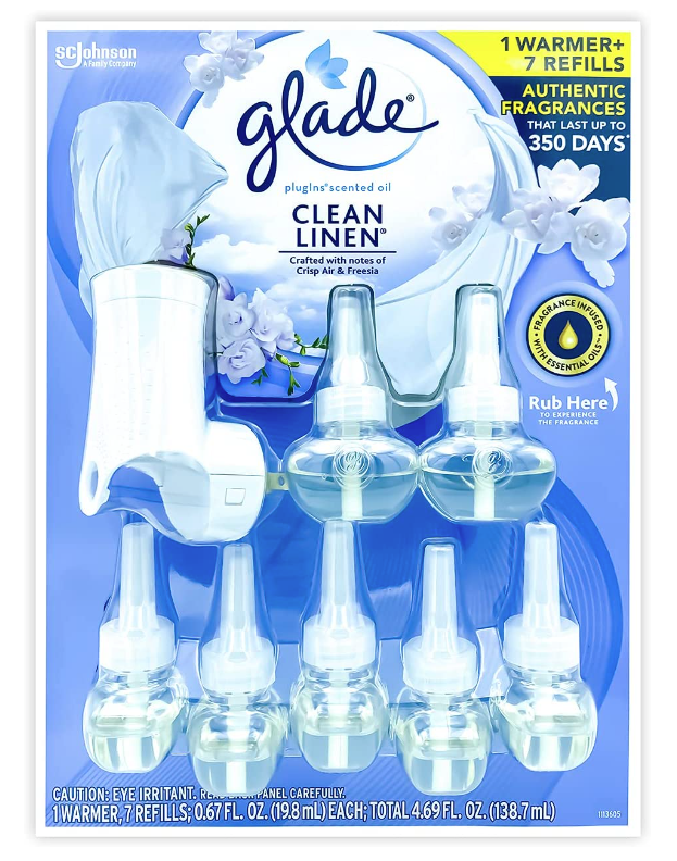 Glade Scented Oil Refills, Clean Linen (7 Pack & Warmer), 8 Piece Set, 7 Count